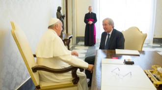 Pope Francis meets Libero Milone, then the Vatican's auditor general, at the Vatican April 1, 2016. (CNS photo/L'Osservatore Romano via Reuters) See VATICAN-AUDITOR Sept. 25, 2017.