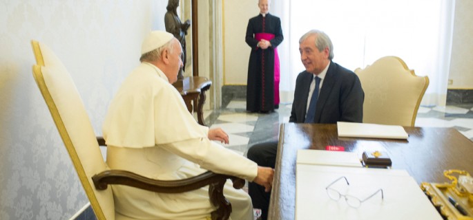 Pope Francis meets Libero Milone, then the Vatican's auditor general, at the Vatican April 1, 2016. (CNS photo/L'Osservatore Romano via Reuters) See VATICAN-AUDITOR Sept. 25, 2017.